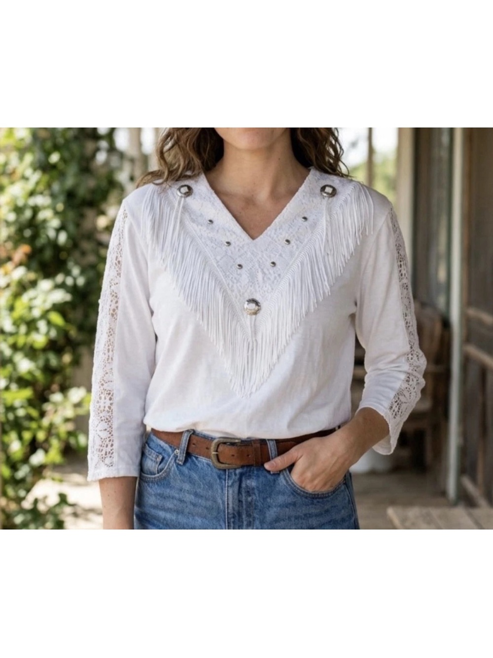 Vintage 90s Western Fringe Lace Shirt Medium White Tassel Cowgirl Rodeo USA Made